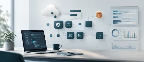 Software architecture workspace with cloud services, backend components, and performance dashboards