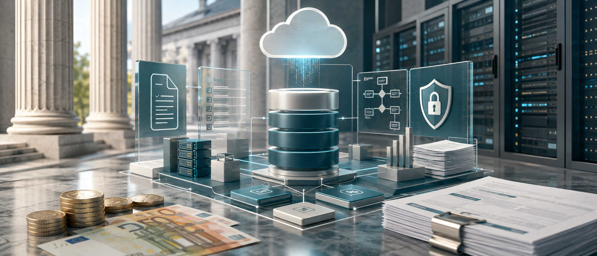 Secure public-sector tax system with data architecture, documents, and euro currency