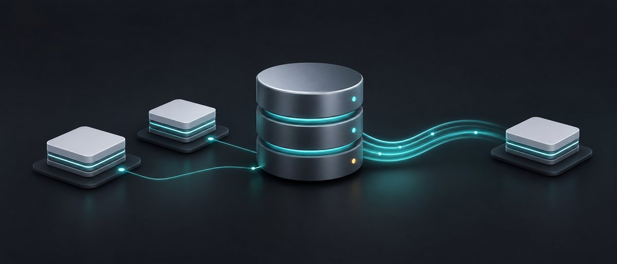 Minimal database visual with a central data store and simple pipeline elements